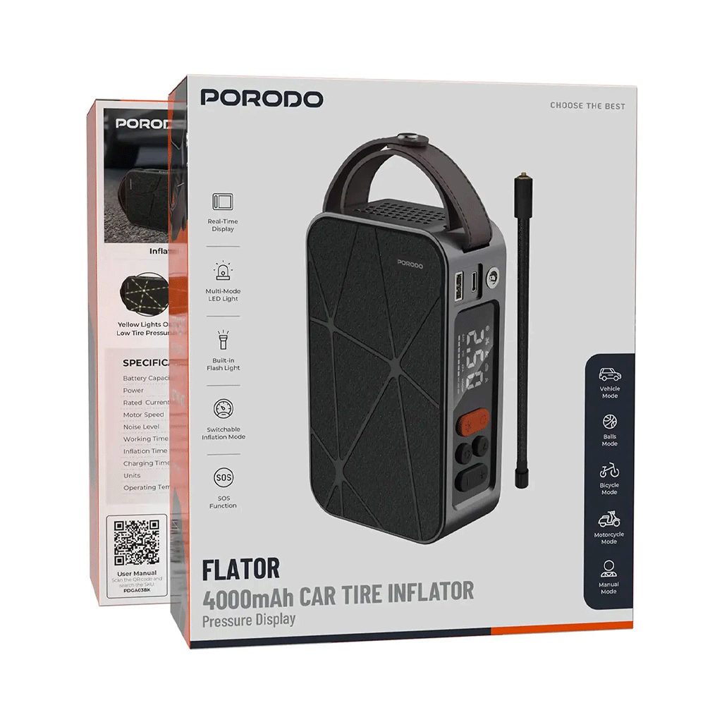 کمپرسور و پمپ باد شارژی خودرو پرودو مدل PORODO FLATOR PDGA03BK