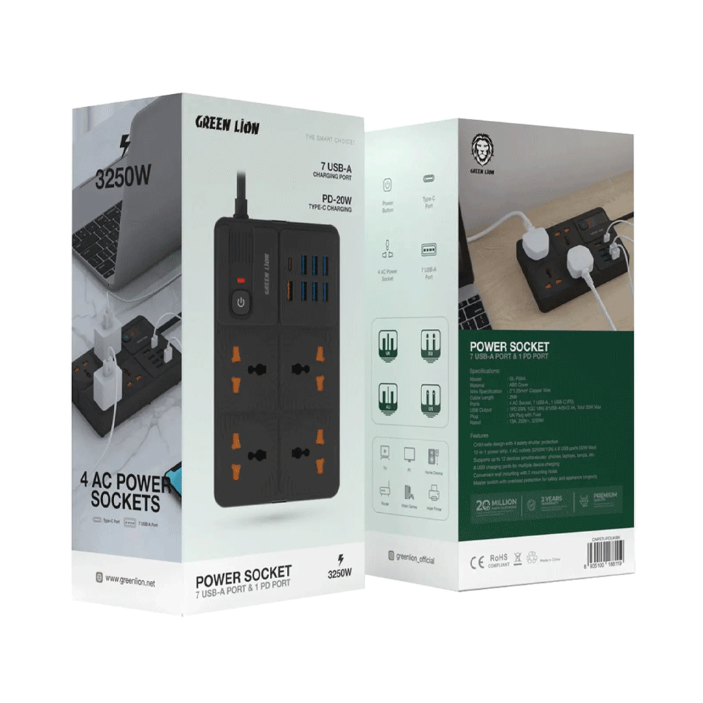 چند راهی برق گرین لاین مدل Green lion 7 USB A + PD PORT