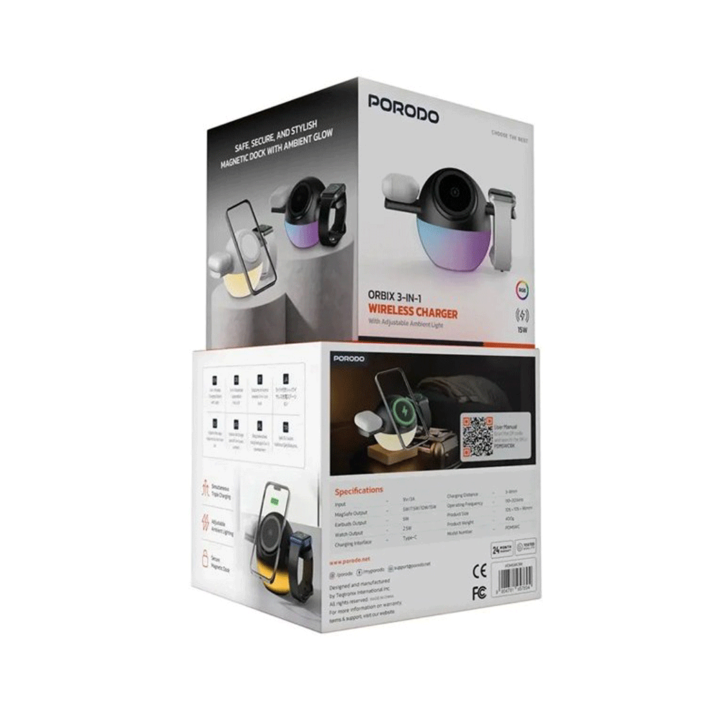 استند وایرلس 3 کاره پرودو مدل Porod ORBIX 3in1 WIRELESS CHARGER